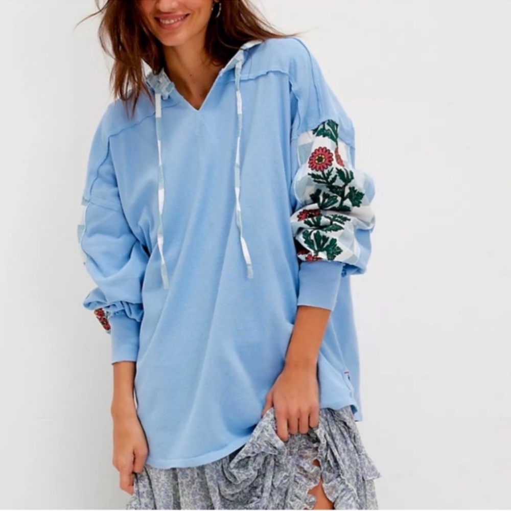 FREE PEOPLE  Blue Kick Flip Embroidered Sweatshirt Pullover Hoodie